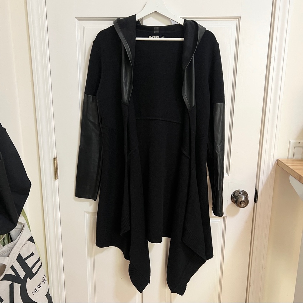 Blank NYC Faux Leather Knit Duster Cardigan Black Medium